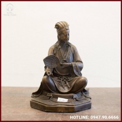 Tượng Khổng Minh ngồi bệ bát quái bằng đồng vàng 31x21cm 
