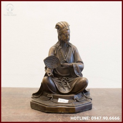 Tượng Khổng Minh ngồi bệ bát quái bằng đồng vàng 31x21cm 