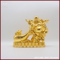 Tượng Phật Di Lặc bằng đồng kéo túi tiền dát vàng 9999