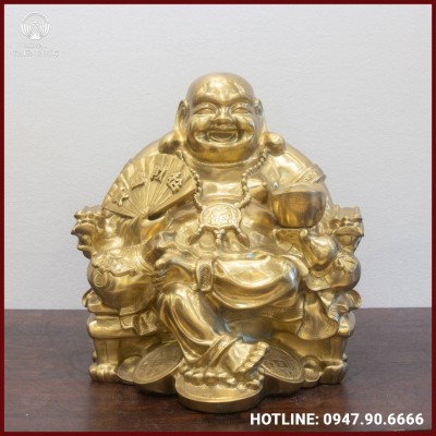Tượng Phật Di Lặc cầm quạt như ý bằng đồng catut