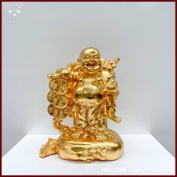 Tượng Phật Di Lặc đứng gánh tiền bằng đồng dát vàng 9999