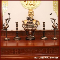 Bộ ngũ sự chạm hoa sòi đồng đỏ cạo màu cao 60cm