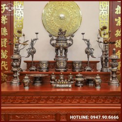 Bộ ngũ sự song long chầu nguyệt đồng đỏ khảm ngũ sắc cao 60cm