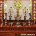 Bộ ngũ sự chạm sòi đồng đỏ khảm tam khí dát điểm vàng cao 60cm