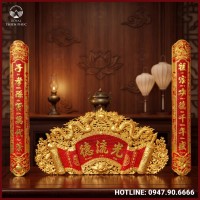 Cuốn thư câu đối Đức Lưu Quang đồng vàng dát vàng nền đỏ