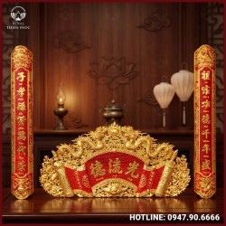 Cuốn thư câu đối Đức Lưu Quang đồng vàng dát vàng nền đỏ