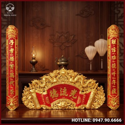 Cuốn thư câu đối Đức Lưu Quang đồng vàng dát vàng nền đỏ