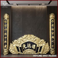 Cuốn thư câu đối Đức Lưu Quang đồng vàng nền đen