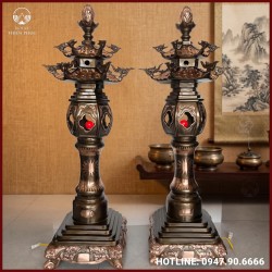 Đèn mái đình bằng đồng đỏ cạo màu