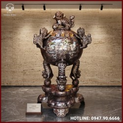 Đỉnh cầu thất lân đồng đỏ khảm tam khí dát điểm vàng