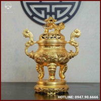 Đỉnh song long chầu nguyệt đồng đỏ dát vàng cao 60cm