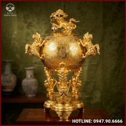 Đỉnh thất lân vờn cầu bằng đồng dát vàng cao cấp