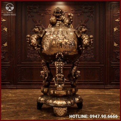 Đỉnh thất lân vờn cầu đồng đỏ cạo màu 