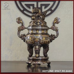 Đỉnh đồng đỏ khảm ngũ sắc song long chầu nguyệt cao 65cm