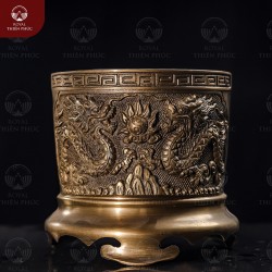 Bát hương bàn thờ phi 16cm chạm rồng nổi bằng đồng vàng hun
