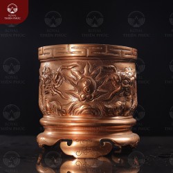 Bát hương đẹp chạm rồng đường kính 18cm bằng đồng đỏ mộc