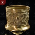 Bát hương đẹp đường kính 14cm chạm song long bằng đồng vàng mộc