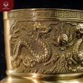Bát hương đẹp đường kính 14cm chạm song long bằng đồng vàng mộc