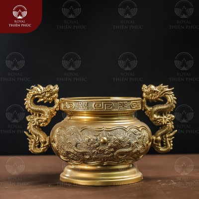 Bát hương đẹp tai rồng bằng đồng vàng làm màu đường kính 13cm