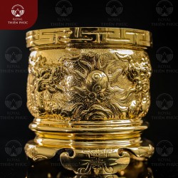 Bát hương đồng đỏ song long mạ vàng tĩnh điện đường kính 16cm