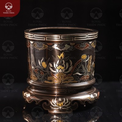 Bát hương đồng hoa sen khảm ngũ sắc tinh xảo đường kính 18cm 