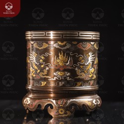 Bát hương đồng phi 18cm khảm ngũ sắc song long chầu nguyệt rồng vàng