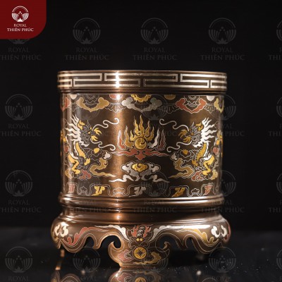 Bát hương đồng phi 18cm khảm ngũ sắc song long chầu nguyệt rồng vàng