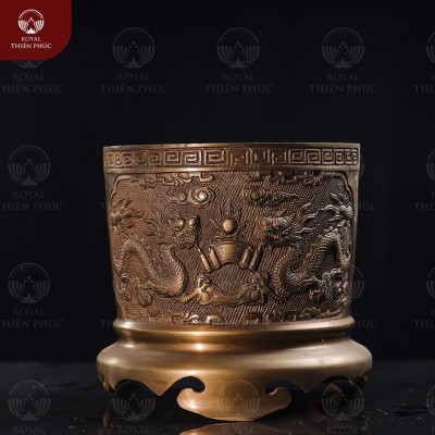 Bát hương đồng vàng hun giả cổ họa tiết Long Phụng đường kính 18cm  