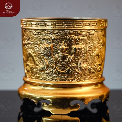 Bát hương thờ cúng bằng đồng mạ vàng họa tiết Long Phụng 16cm
