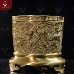 Bát hương thờ cúng phi 18cm chạm rồng phượng bằng đồng vàng mộc