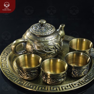 Bộ ấm chén rồng phượng bằng đồng vàng giả cổ nặng 1,1kg