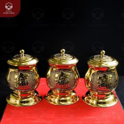 Bộ ba chóe thờ bằng đồng Đài Loan chạm nổi hợp thể tự
