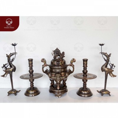 Bộ đỉnh đồng ngũ sự chạm sòi khảm tam khí kỹ 