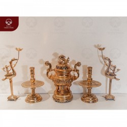 Bộ đỉnh ngũ sự bằng đồng đỏ mộc thờ gia tiên 