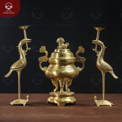 Bộ đồ thờ tam sự đỉnh hạc cao 20cm bằng đồng catut