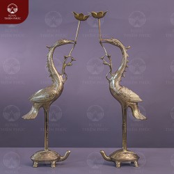 Bộ hạc thờ cưỡi rùa ngậm sen bằng đồng vàng catut