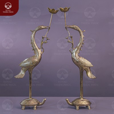 Bộ hạc thờ cưỡi rùa ngậm sen bằng đồng vàng catut