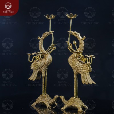 Bộ hạc thờ gia tiên bằng đồng vàng mộc cao 50cm