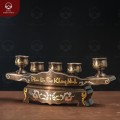 Bộ ngai 5 chén nước bàn thờ bằng đồng đỏ khảm ngũ sắc chữ Việt