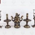 Bộ ngũ sự bằng đồng hai lai đỉnh chạm rồng - chạm sòi cao 45cm