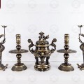 Bộ ngũ sự bằng đồng hai lai đỉnh chạm rồng - chạm sòi cao 45cm