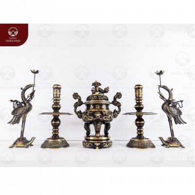 Bộ ngũ sự bằng đồng hai lai đỉnh chạm rồng - chạm sòi cao 45cm