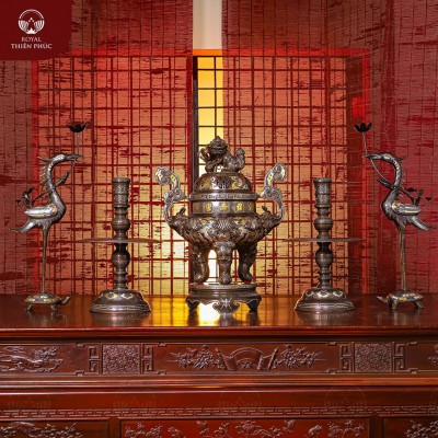 Bộ ngũ sự đồng đỉnh rồng ngũ phúc khảm tam khí dát điểm vàng