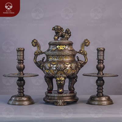 Bộ tam sự đỉnh nến cao cấp bằng đồng khảm tam khí dát điểm vàng 