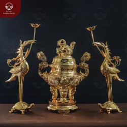 Bộ tam sự đỉnh rồng hạc chầu cao 50cm đồng đỏ mạ vàng tĩnh điện