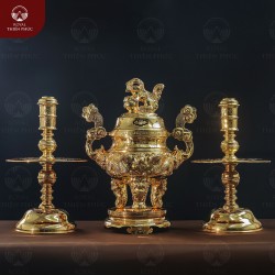 Bộ tam sự đồng đỏ mạ vàng tĩnh điện đỉnh nến chạm rồng cao 50cm 