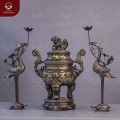 Bộ thờ tam sự đỉnh sòi hạc chầu bằng đồng khảm tam khí dát điểm vàng
