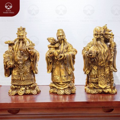 Bộ tượng Tam đa Phúc Lộc Thọ bằng đồng vàng cao 45cm ngang 20cm 