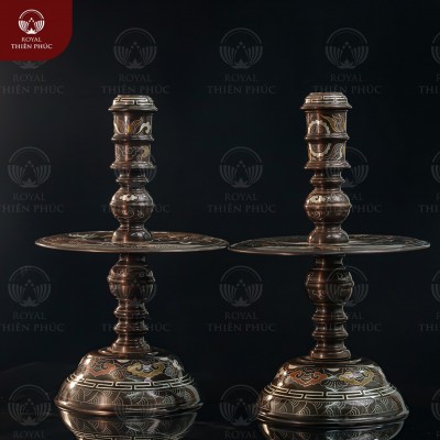  Chân nến bằng đồng khảm ngũ sắc họa tiết rồng phượng cao 60cm