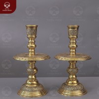 Chân nến bằng đồng vàng đúc máy để bàn thờ họa tiết Tứ linh màu mộc